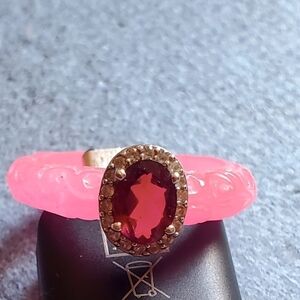 Orissa Rhodolite Garnet Carved Burmese Pink Jade Zircon Halo Ring